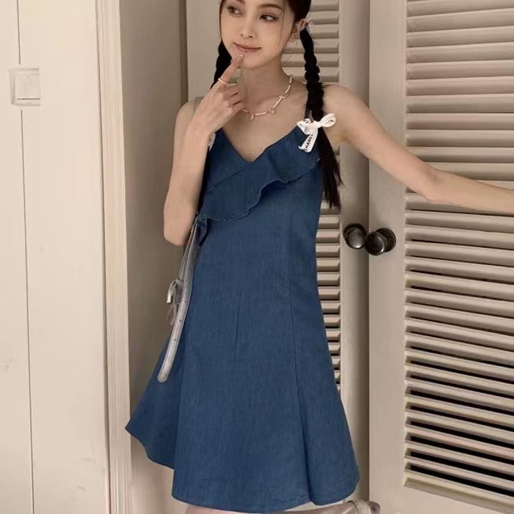 キャミデニムフリルワンピース セクシー 夏服[品番：SHNW0009461