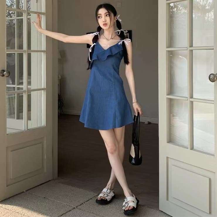 キャミデニムフリルワンピース セクシー 夏服[品番：SHNW0009461