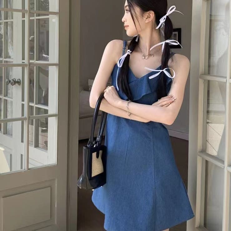 キャミデニムフリルワンピース セクシー 夏服[品番：SHNW0009461