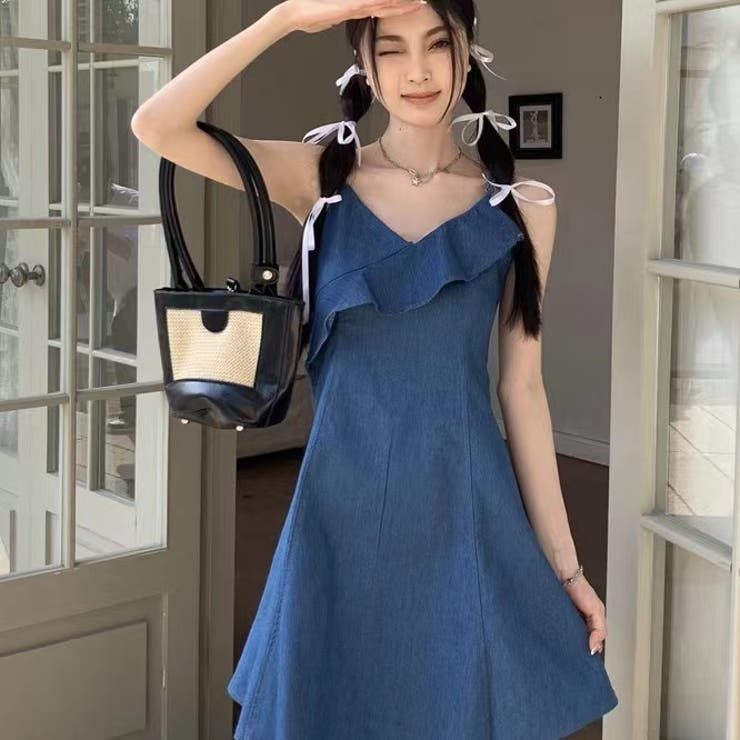 キャミデニムフリルワンピース セクシー 夏服[品番：SHNW0009461