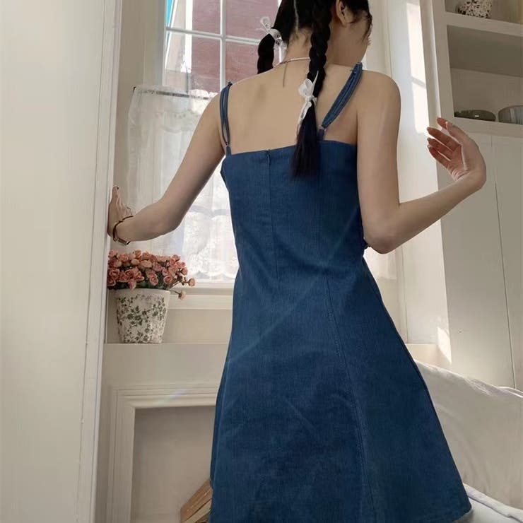 キャミデニムフリルワンピース セクシー 夏服[品番：SHNW0009461