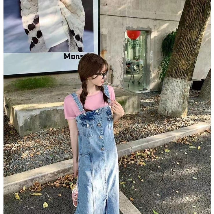 フロントスリット デニムサロペットスカート 夏服[品番：SHNW0009492 