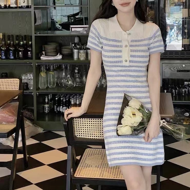 ストライプポロワンピース 夏服 セクシー[品番：SHNW0009530]｜Sibra