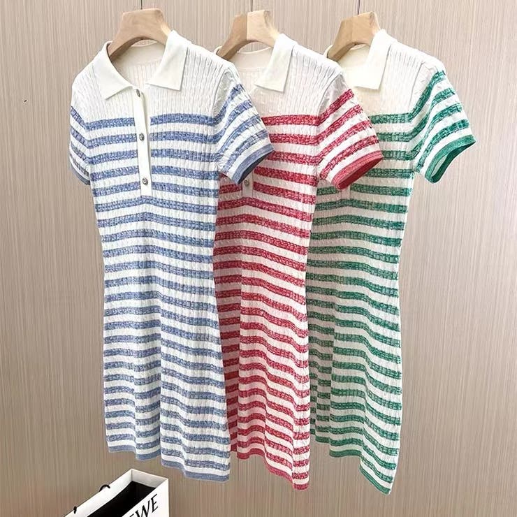 ストライプポロワンピース 夏服 セクシー[品番：SHNW0009530]｜Sibra