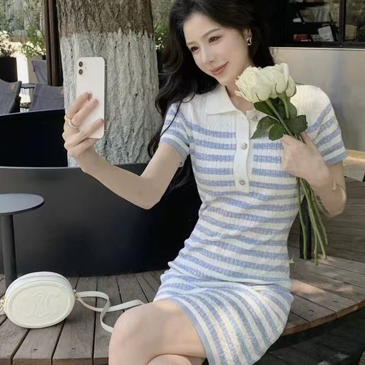 ストライプポロワンピース 夏服 セクシー[品番：SHNW0009530]｜Sibra