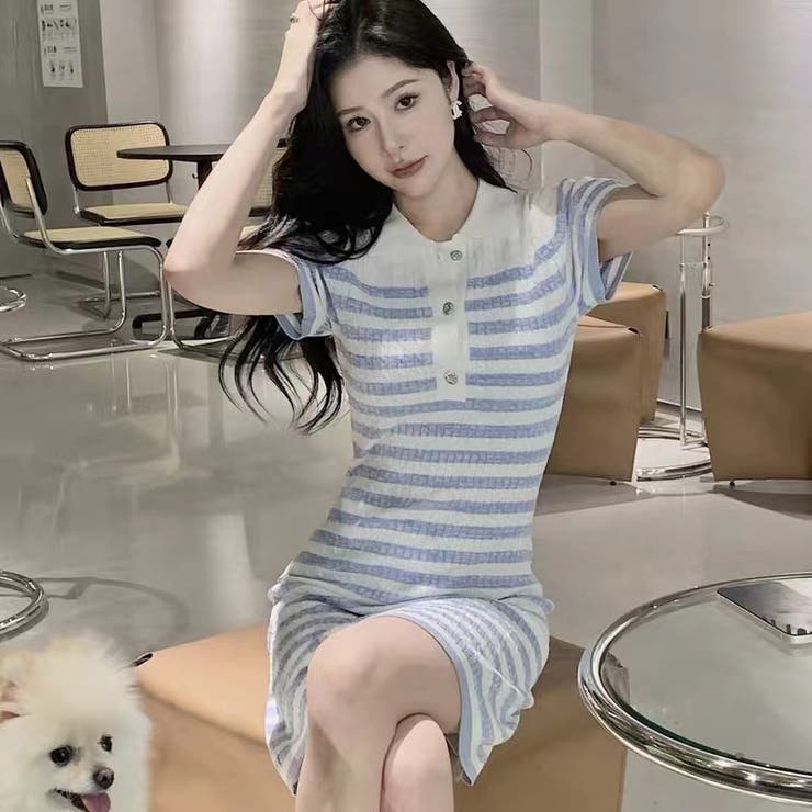 ストライプポロワンピース 夏服 セクシー[品番：SHNW0009530]｜Sibra