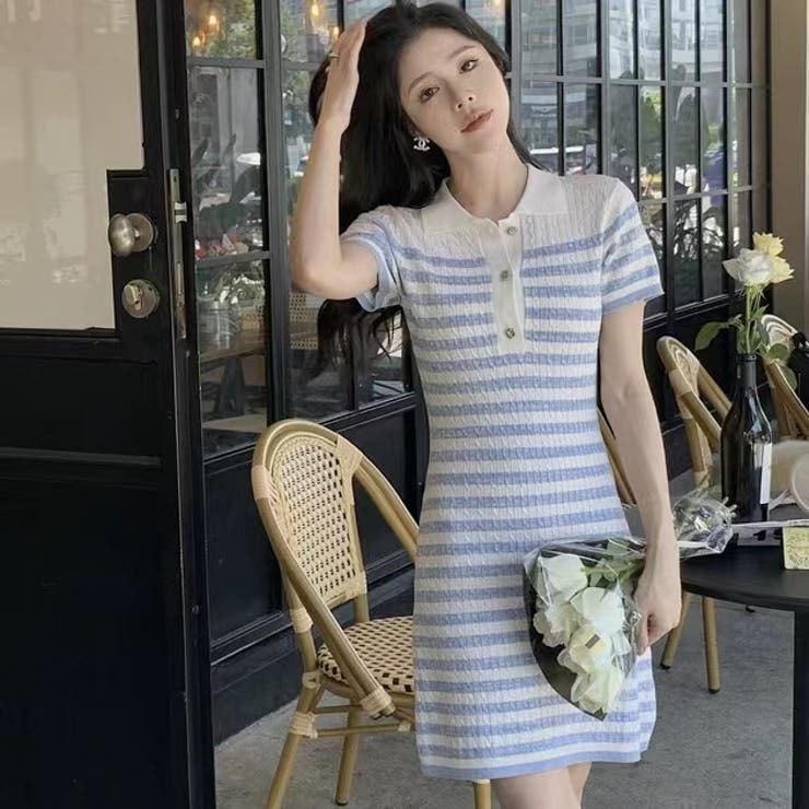 ストライプポロワンピース 夏服 セクシー[品番：SHNW0009530]｜Sibra