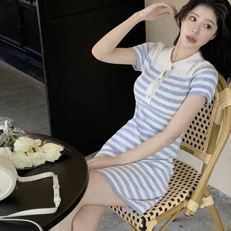 ストライプポロワンピース 夏服 セクシー[品番：SHNW0009530]｜Sibra