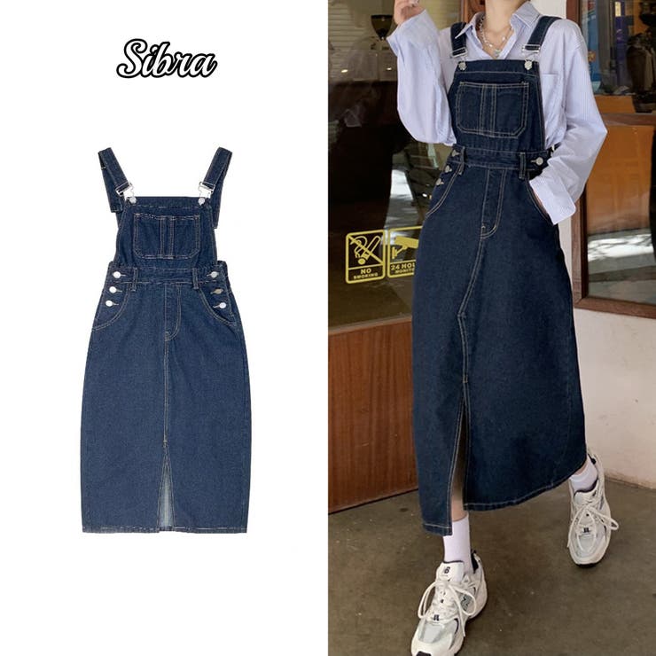 ロング丈デニムサロペットスカート 秋夏服 韓国ファッション[品番