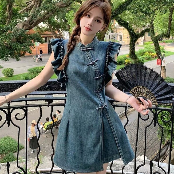 袖フリルデニムワンピース ワンピース 韓国ファッション[品番