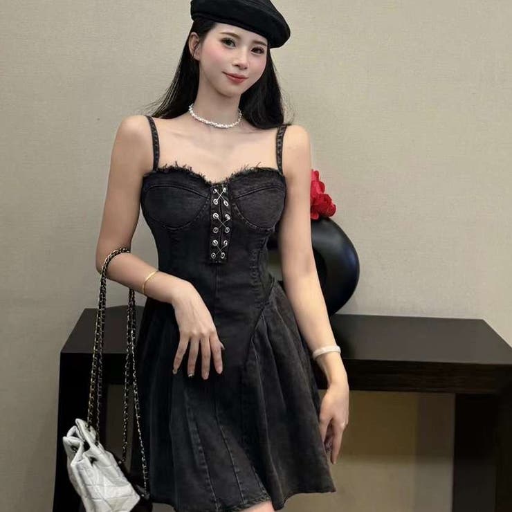 ミニデニムキャミワンピース 韓国ファッション オフィスカジュアル 
