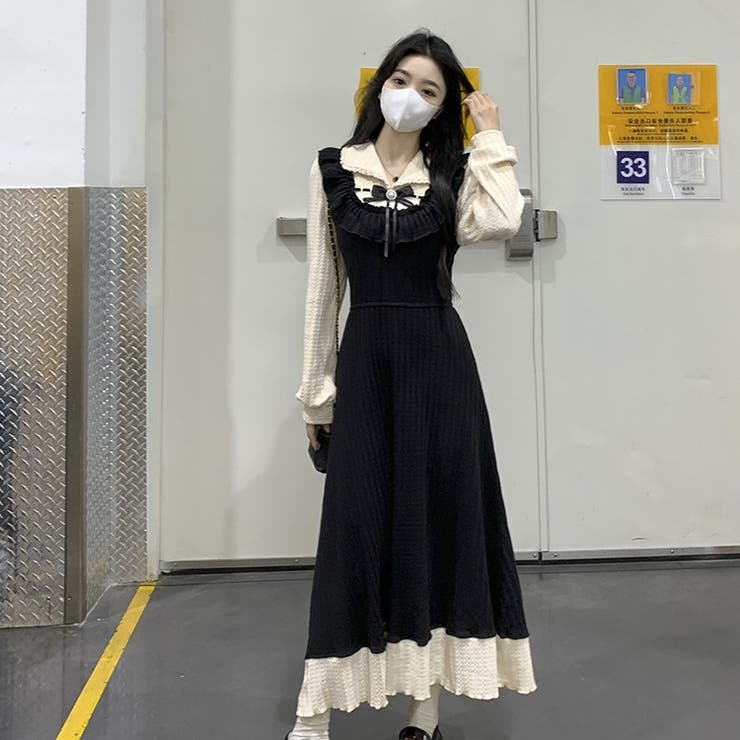 長袖 ロングワンピース 韓国ファッション[品番：SHNW0010791