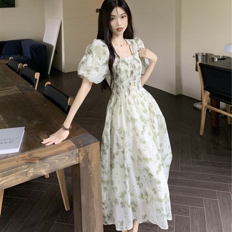 花柄シアーワンピース 韓国ファッション 夏服[品番：SHNW0010955