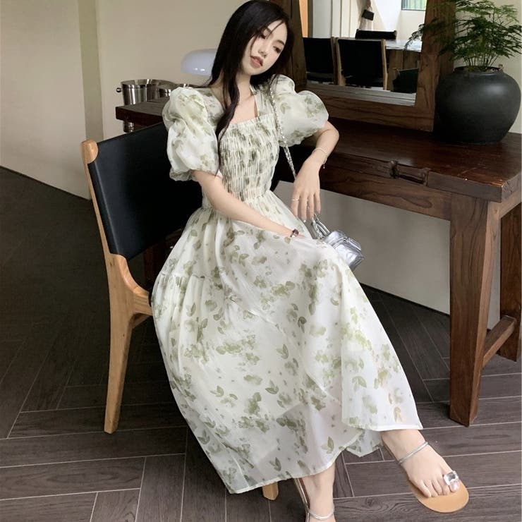 花柄シアーワンピース 韓国ファッション 夏服[品番：SHNW0010955