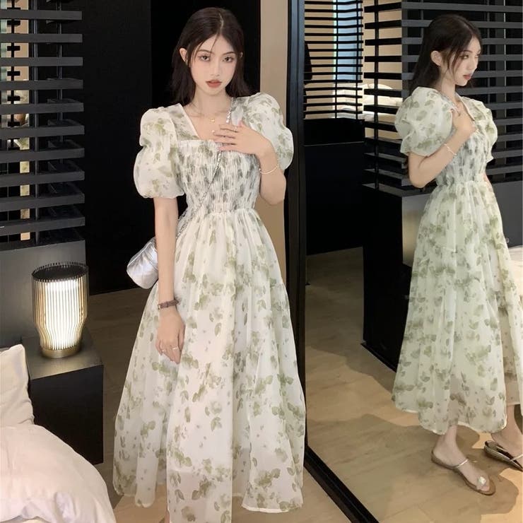 韓国 服 レディース ワンピース 白 花柄 ロングドレス 白 シアー 体型カバー Retica ワンピース パーティードレス 花柄刺繍 七分袖 シアー