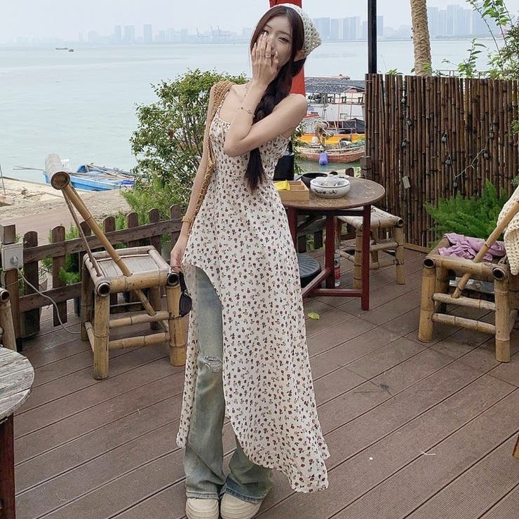 深スリット花柄ロングキャミワンピース 韓国ファッション オフィスカジュアル