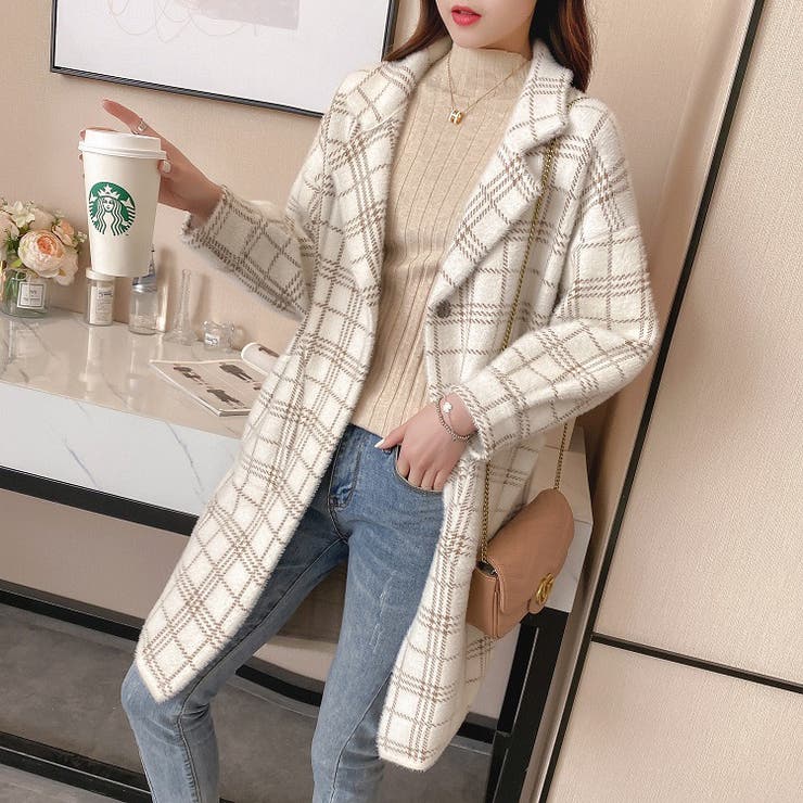 チェック柄ニットコート 韓国ファッション アウター[品番