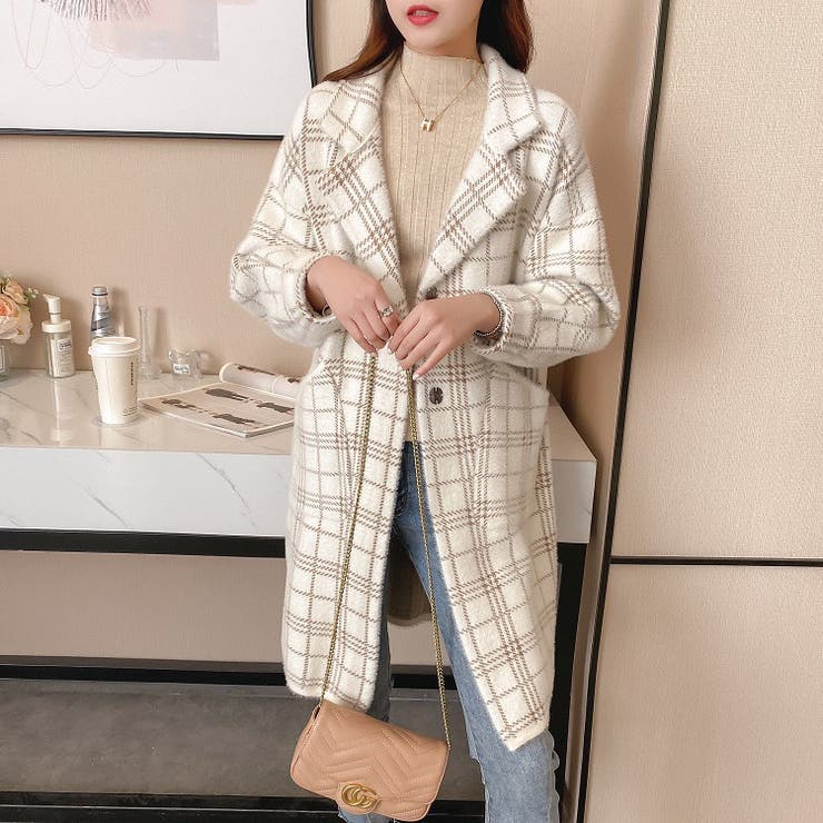 チェック柄ニットコート 韓国ファッション アウター[品番：SHNW0004406