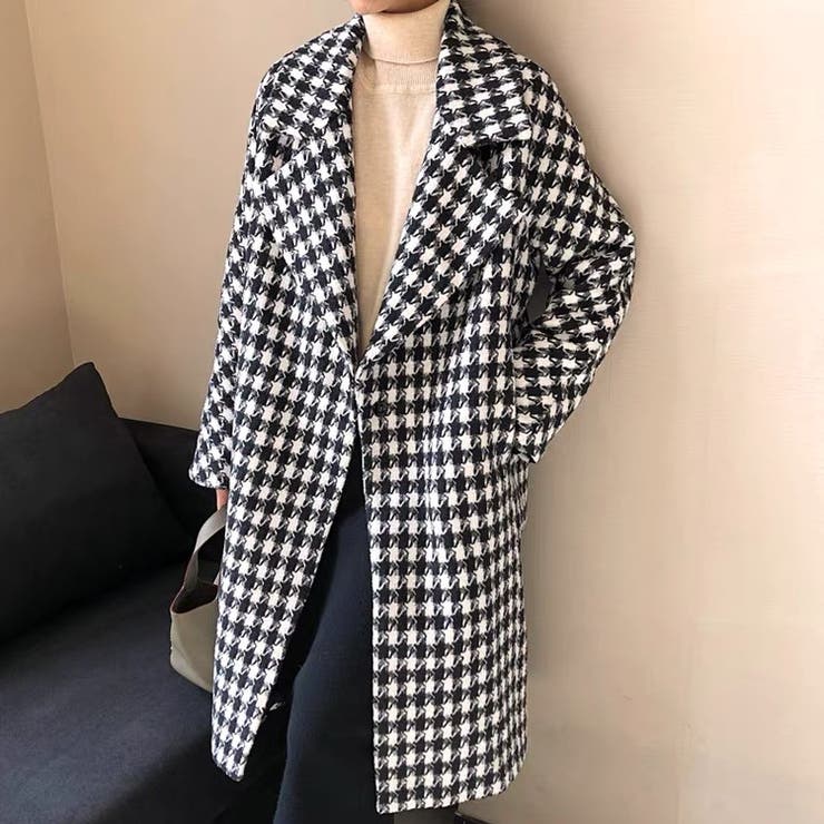 千鳥格子柄ロングコート 韓国ファッション アウター