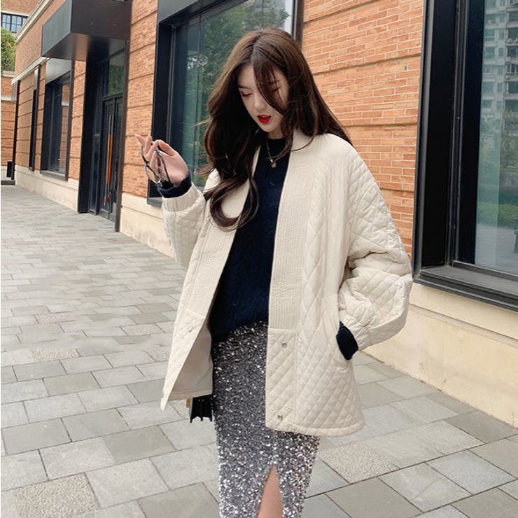 peak】レディース 黒 キルティングジャケットVネック 中綿 撥水 楽天