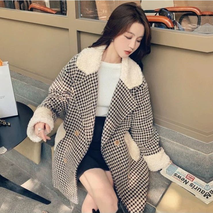 千鳥格子柄コート 韓国ファッション アウター[品番：SHNW0005790