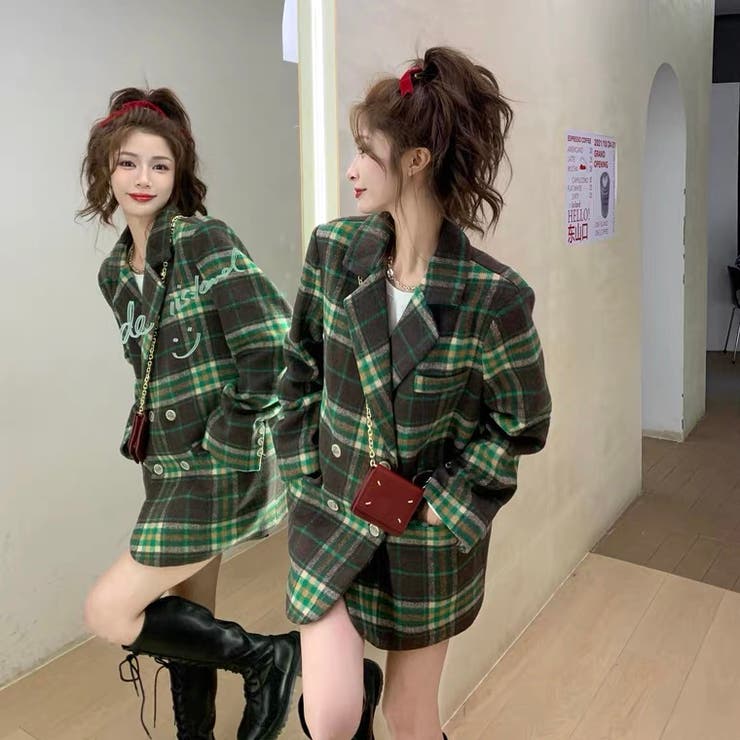 チェック柄ジャケット コート 韓国ファッション[品番：SHNW0005916