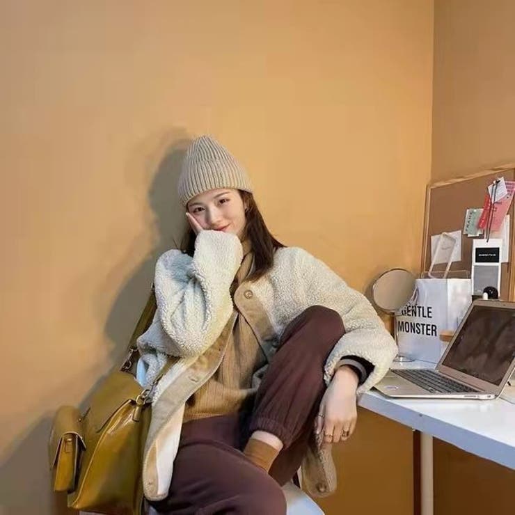 ノーカラーショートボアコート 韓国ファッション 秋冬[品番