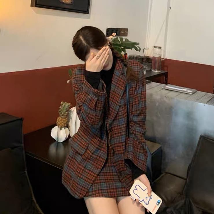 チェック柄テーラードジャケット+ミニスカート 韓国ファッション 秋冬