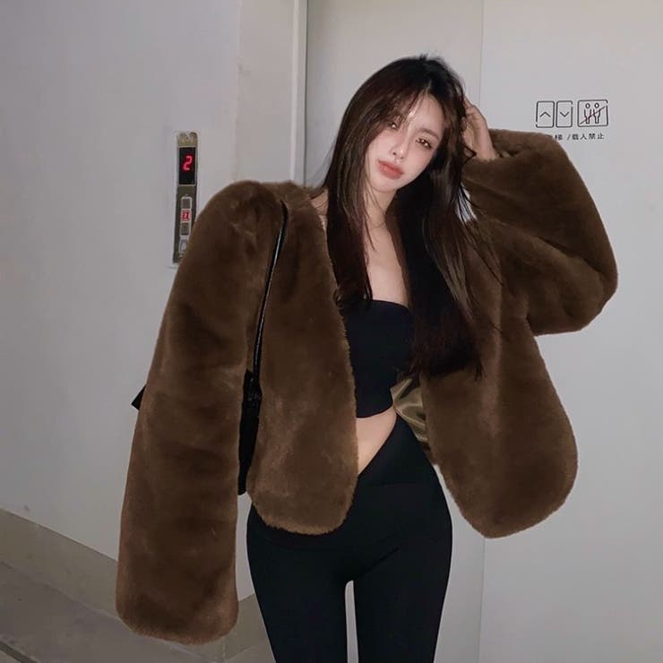 ショート丈ファーコート 韓国ファッション Vネック[品番