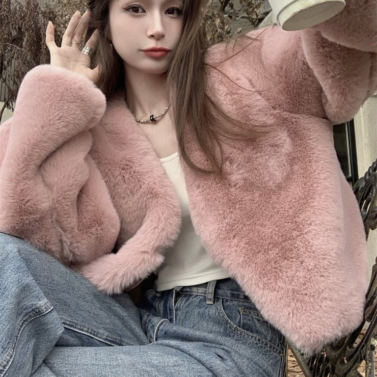 ショート丈ファーコート 韓国ファッション Vネック[品番