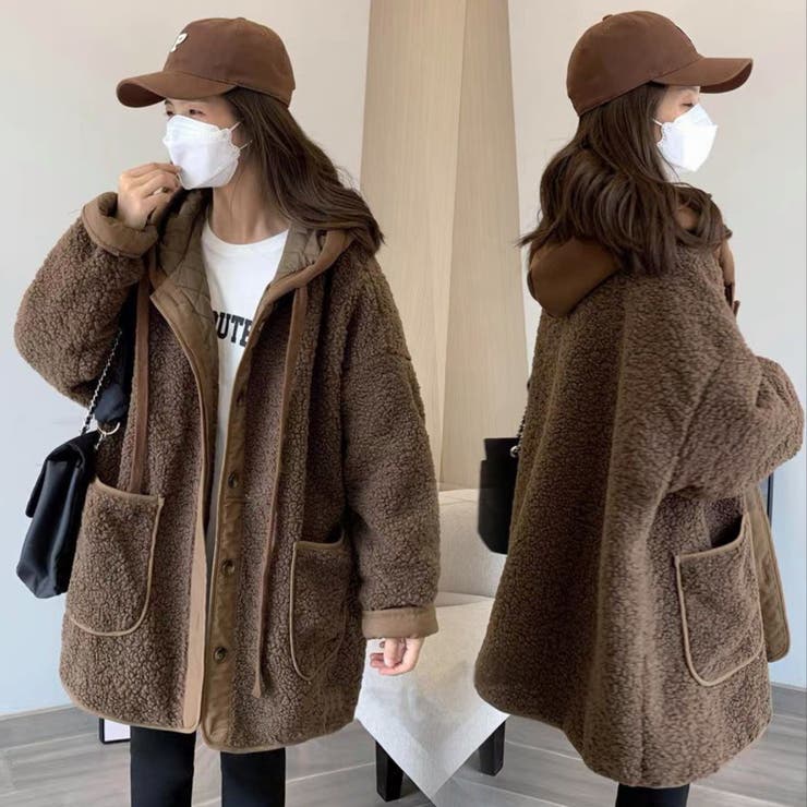 裏キルディングボアコート フード付き 韓国ファッション[品番