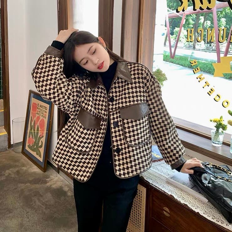 チェック柄ショートコート コート 韓国ファッション[品番：SHNW0008371
