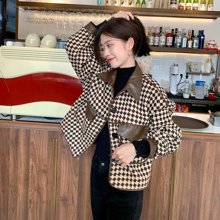 チェック柄ショートコート コート 韓国ファッション