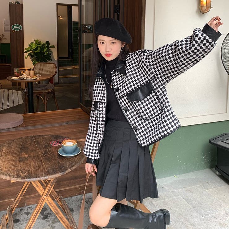チェック柄ショートコート コート 韓国ファッション[品番：SHNW0008371