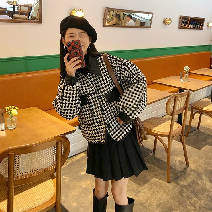 チェック柄ショートコート コート 韓国ファッション[品番：SHNW0008371