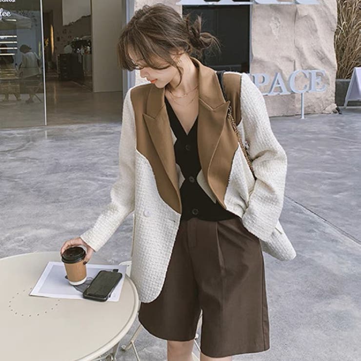 2023春新作 ドッキングツイードテーラードジャケット 韓国ファッション