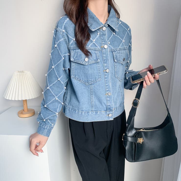 パール付きデニムジャケット 秋 冬 | Sibra | 詳細画像3 