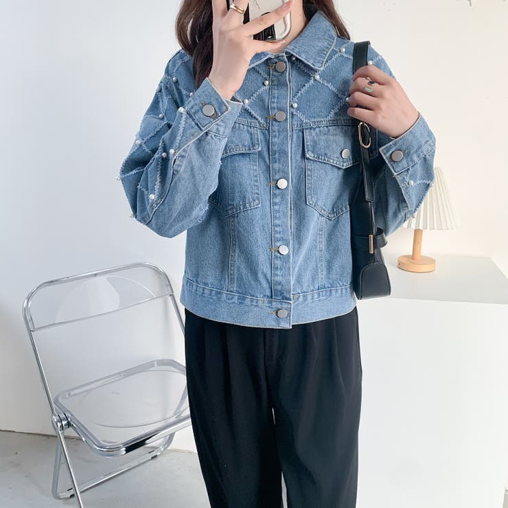 パール付きデニムジャケット 秋 冬 | Sibra | 詳細画像4 