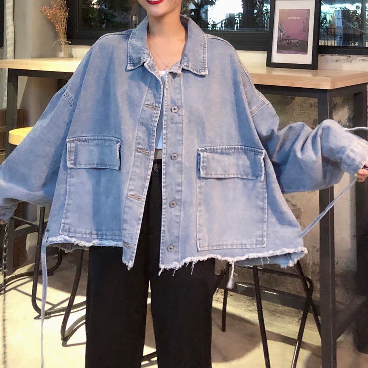 ライトブルーデニムジャケット 膝丈 ショート丈デニムジャケット 秋 冬[品番：SHNW0009996]｜Sibra（シブラ