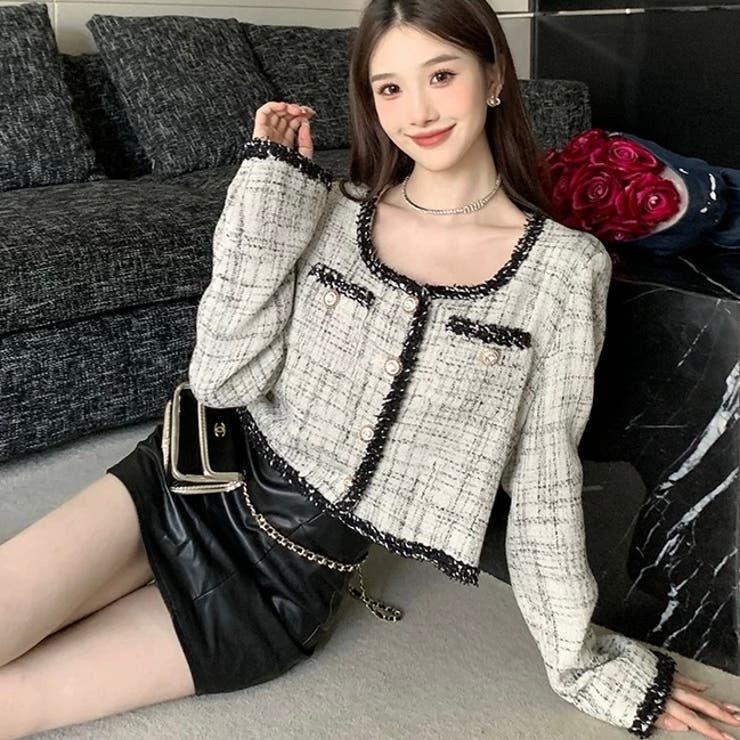 ミックス糸ツイードジャケット 秋 韓国ファッション[品番：SHNW0010222