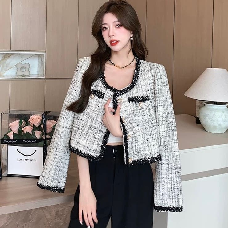 ミックス糸ツイードジャケット 秋 韓国ファッション[品番：SHNW0010222