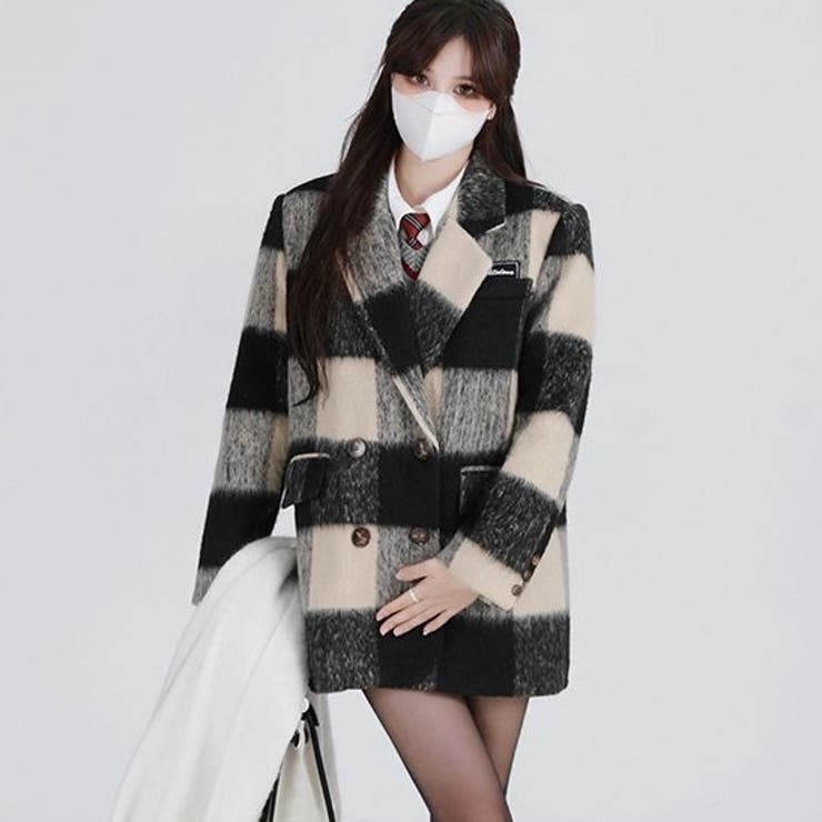 シャギーチェック柄ミドル丈コート 韓国ファッション 10代[品番 