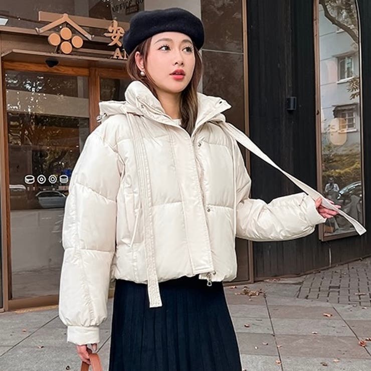 ショート丈フード付き中綿フェイクダウンコート 韓国ファッション 10代 | Sibra | 詳細画像23 