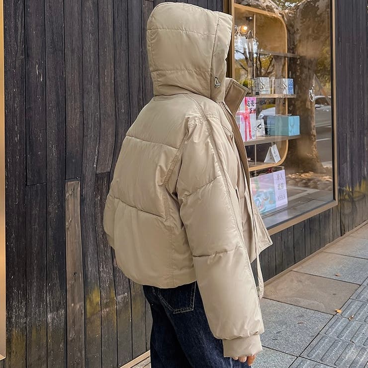 ショート丈フード付き中綿フェイクダウンコート 韓国ファッション 10代