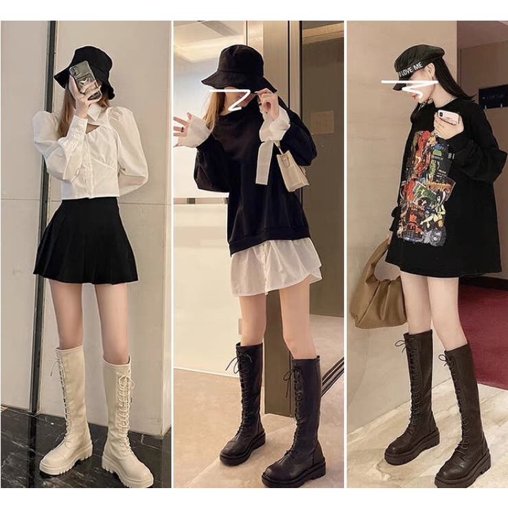 【韓国ファッション】レースアップ ロングブーツ ブラック 厚底レースアップロングブーツ 韓国 夢展望[品番：YU000046165