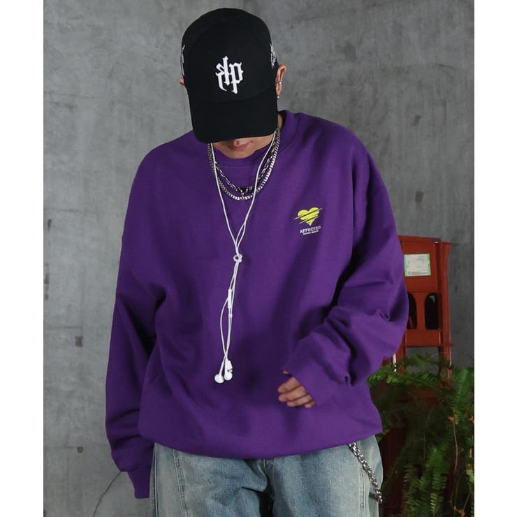 パープル | ILL S(イルズ)裏起毛 ハートワンポイント刺繍クルーネックスウェット | SHIFFON 