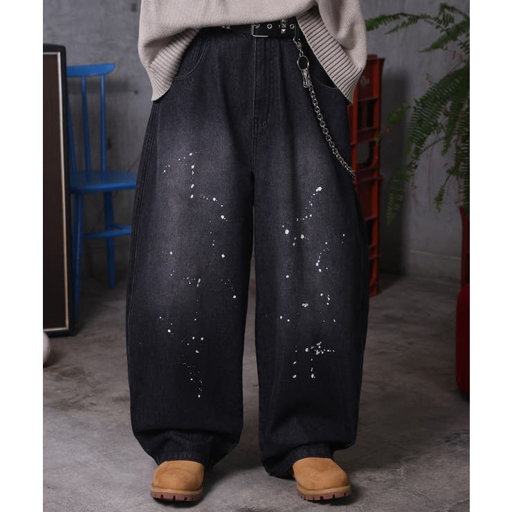 ブラック | ILL S（イルズ）バレルレッグ ペインドデニムパンツ | SHIFFON 