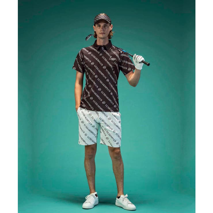 特価】【LUXEAKMPLUS】 ゴルフ 総柄ロゴハーフパンツブラック