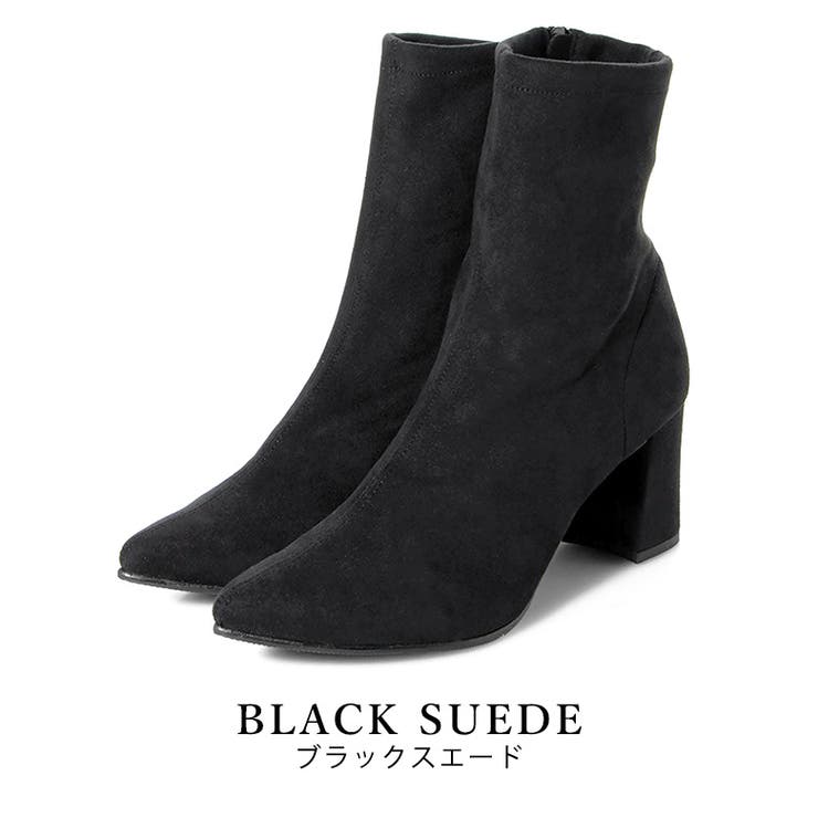 blackスエード | 日本製 ストレッチショートブーツ フレアヒール | SHOE FANTASY