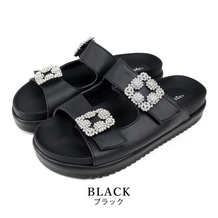 black | 日本製 ダブルビジュー フラットサンダル 痛くない 柔らかい | SHOE FANTASY